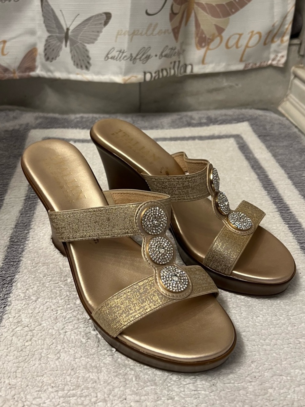 Italian Shoemakers Gold Wedge Slide Sandals with Crystal Buttons